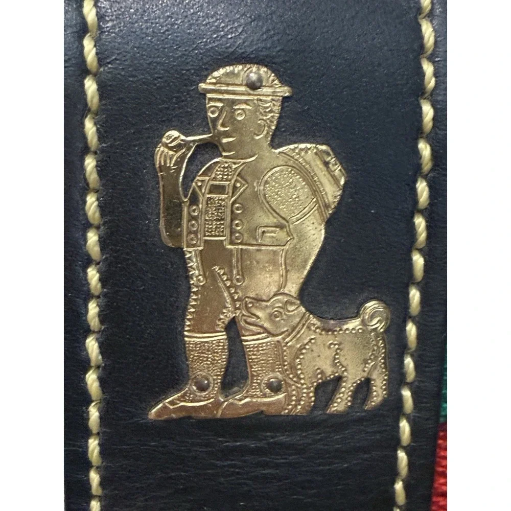 Vintage brass bronze cowbell decorated leather strap alpine folk art souvenir